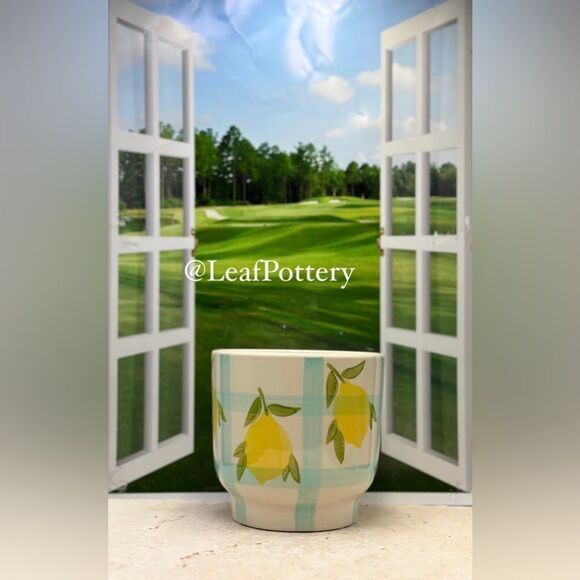 Lemon Patterned Beige/Yellow/Blue Ceramic Planter without drainage hole - Picture 1 of 9